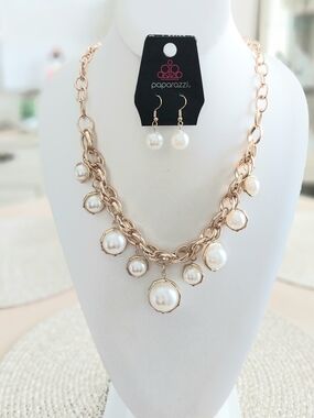 Paparazzi Gold-Tone Pearl Drop Necklace & Earrings - White Pearls
